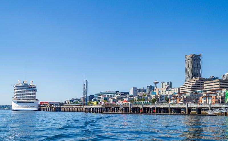 View from the water of Bell Harbor Marina, with a cruise ship docked at Pier 66, and the Space Needle in the background