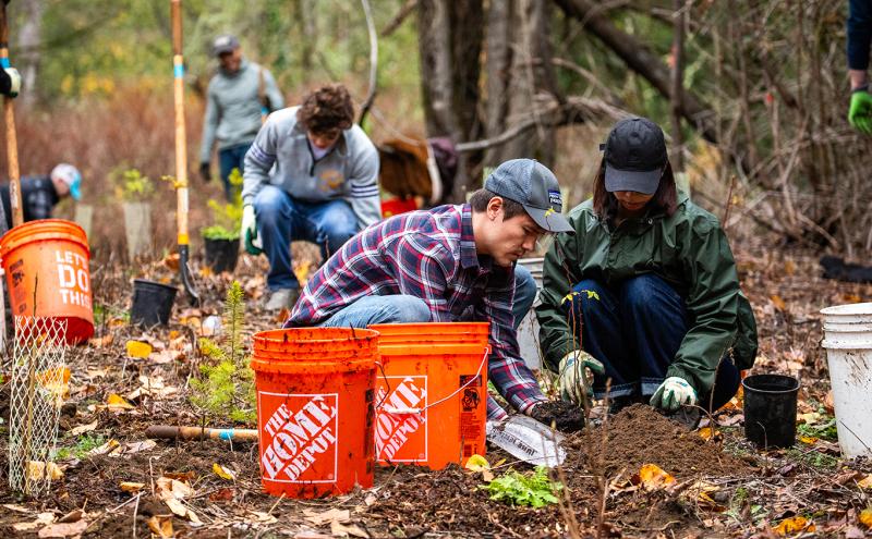 Volunteers work together in a forested area, planting small trees and native plants in the soil. Several tools, orange buckets, and planting containers are scattered around the site, with fallen leaves covering the ground.