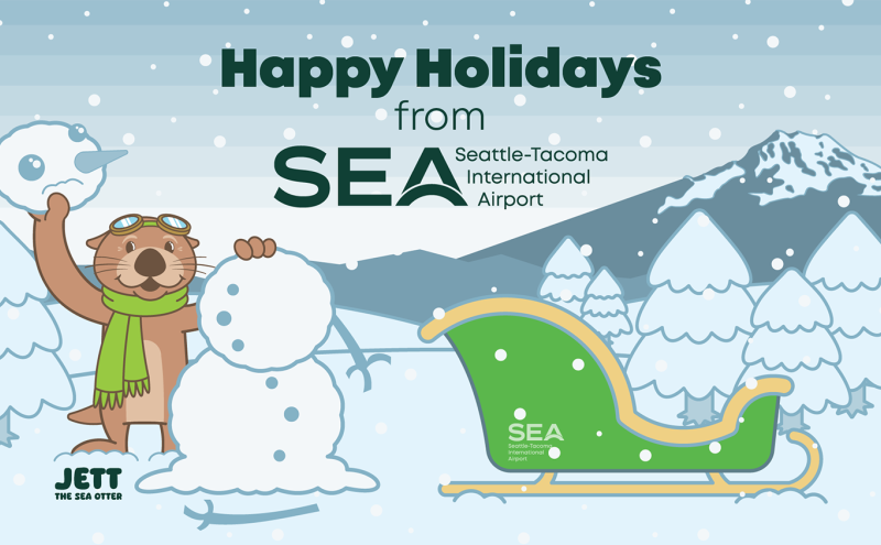 Graphic of winter scene with Jett the S-E-A Otter and text "Happy Holidays from S-E-A".