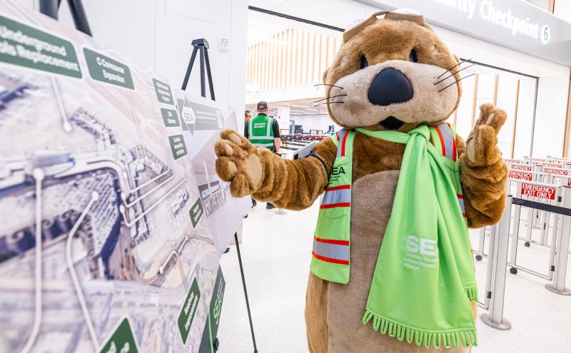 The SEA Airport mascot JETT, wearing a reflective safety vest and a bright green scarf with “SEA Seattle–Tacoma International Airport” printed on it, stands inside an airport security area. JETT gestures toward a large construction project display board set up on an easel. Behind JETT, airport staff in reflective vests are visible near signage for “Security Checkpoint 6” and barriers labeled “Emergency Exit Only.