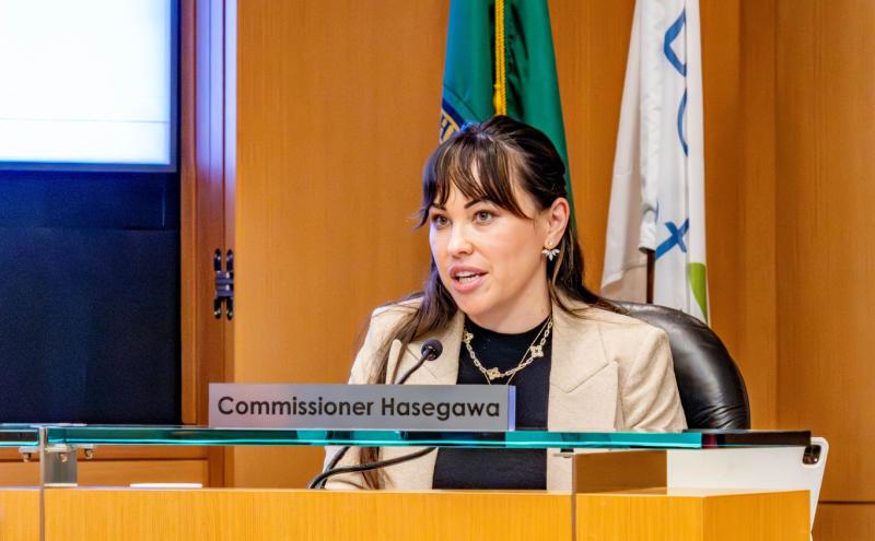 Commissioner Toshiko Hasegawa addresses the public at the Port of Seattle Commission meeting on February 10, 2026 at Pier 69 in Seattle, Washington