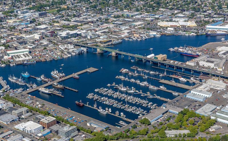Aerial shot of Fishermen's Terminal marina.