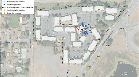 Aerial map from 2007 showing the Lora Lake Apartments site at Des Moines Drive. 