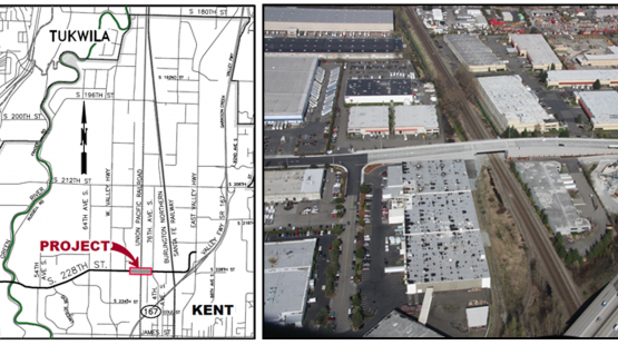 Map and aerial photo of the South 228th Street railroad overpass project site in Kent Washington