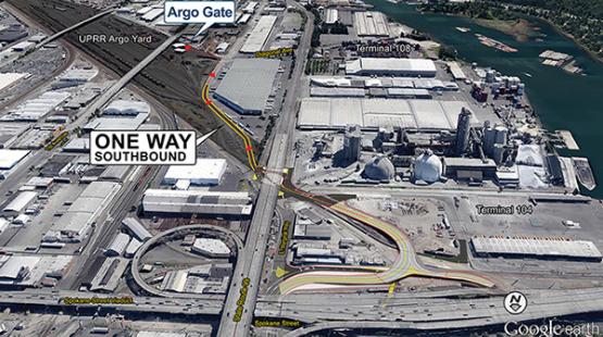 Aerial map of East Marginal Way showing the Argo Yard gate and a designated one-way southbound truck route connecting port terminals to the rail yard.