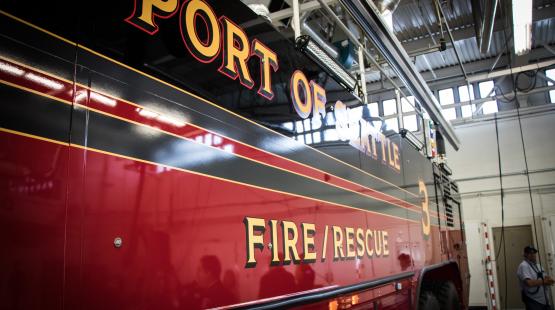 Side view of a fire truck that reads Port of Seattle Fire Department
