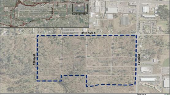 Aerial site map of Des Moines Creek Business Park showing 87 acre development area boundary by 24th  Avenue S, S208th Street, and S 216th Street
