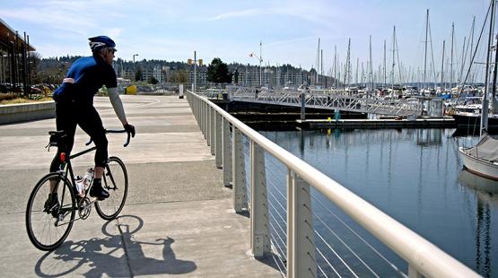 Bicyclist at Shilshole Bay Marina.