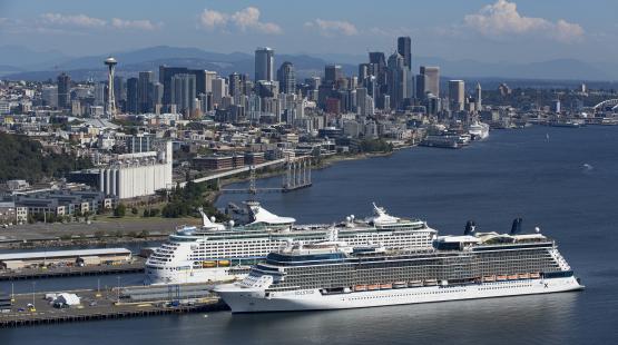 Royal Caribbean Cruise Line and Celebrity Cruises ships docked at Smith Cove Cruise Terminal at Terminal 91, Seattle, WA