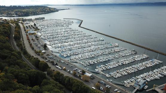Aerial view of Shilshole Bay Marina with boats moored in rows.