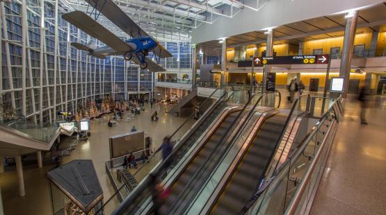 The Conference Center from the Ticketing level with the Airplane suspended in Gina Marie Lindsey Hall and escalators