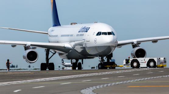 Lufthansa aircraft taxis at Sea-Tac Airport