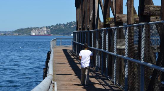 A person walks along a wooden pier beside a metal railing, with blue water and a distant industrial structure visible across the bay.