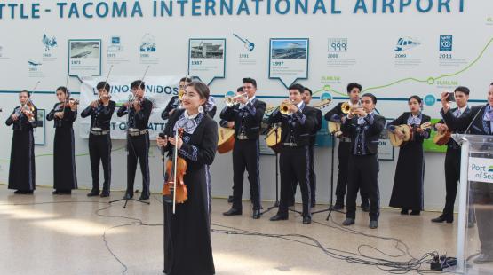 Latino band plays at Sea-Tac Airport.