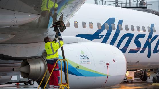 Alaska Airlines jet powered by sustainable aviation fuels.