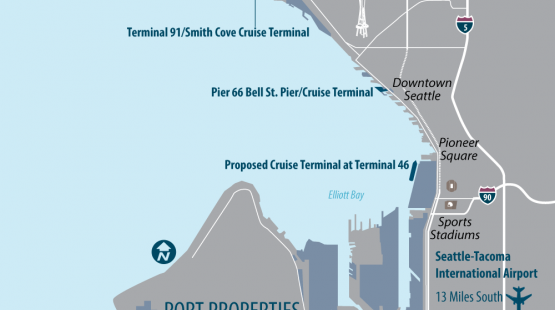 Map of Seattle's central waterfront showing the proposed cruise terminal location at Terminal 46 along Elliott Bay