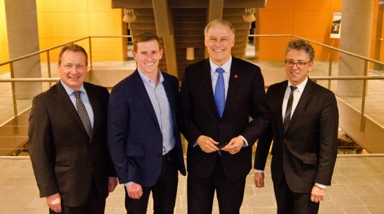 Port of Seattle Exec. Director Stephen P. Matruck; Port Commissioner Ryan Calkins; WA State Govenor Jan Inslee; Port Commissioner Fred Felleman, March 8, 2019 