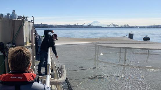 A person standing on a shoreline near metal equipment while another person on a boat looks toward the water on a clear day.