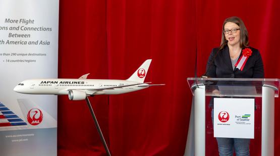 Commissioner Courtney Gregoire welcomes JAL's inaugural flight from Tokyo Narita to Sea-Tac Airport, March 31, 2019, Seattle