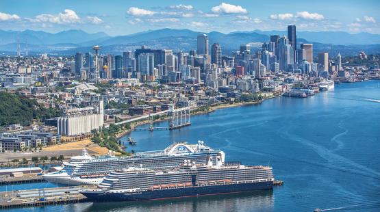 Cruise ships in Seattle with the city scenery behind.