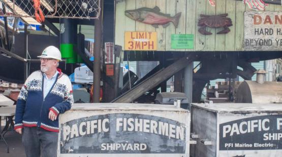 Inside of Pacific Fishermen's Shipyard with vintage Ballard signs.