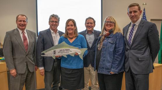 From left to right: Port of Seattle Executive Director Stephen P. Metruck; Port Commissioner Fred Felleman; Port Commission President Stephanie Bowman, Commissioner Peter Steinbrueck; Salmon Safe's Puget Sound Manager, Ellen Southard; Commissioner Ryan Calkins