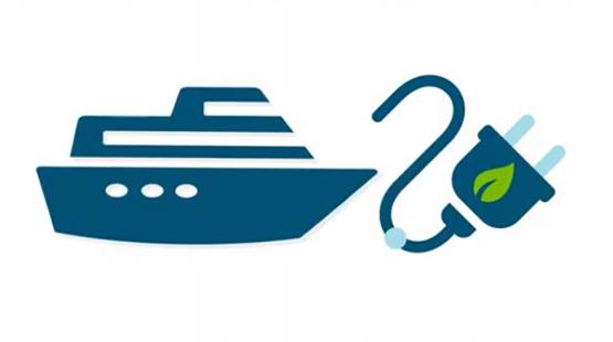 Cruise ship and a plug graphic to symbolize shore power.