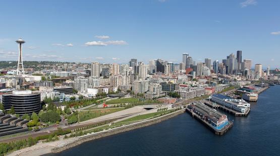Elliott Bay Park and Piers 70, 69, and 67 of Seattle's downtown waterfront. Taken May 2013 by Don Wilson.