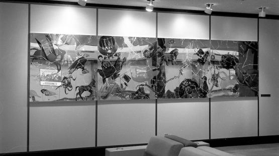 A wide horizontal panel silkscreened with overlapping animals and shapes connected by thing angular lines. 