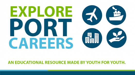 Explore Port Careers -  Icons representing aviation, maritime, business and environment. An educational resource made by youth for youth