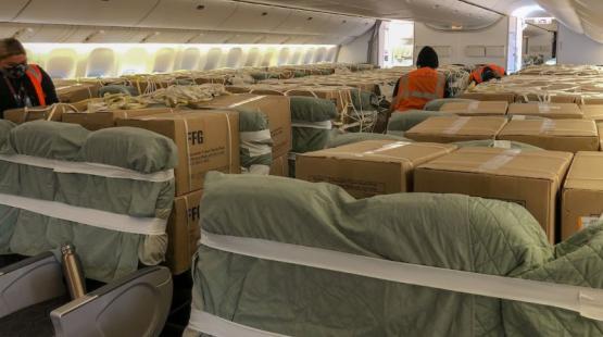 Cargo sits in passenger seats on EVA Air.