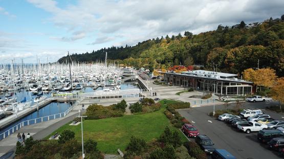 Aerial of the Shilshole Bay Marina Office and plaza