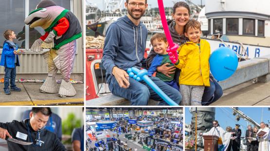 Collage of scenes from a waterfront event, including a costumed character interacting with a child, a family sitting near boats holding balloon animals and a balloon, a person preparing fish at a table, an indoor exhibition hall with vendor booths, and an outdoor ceremony with speakers at a podium next to a boat.