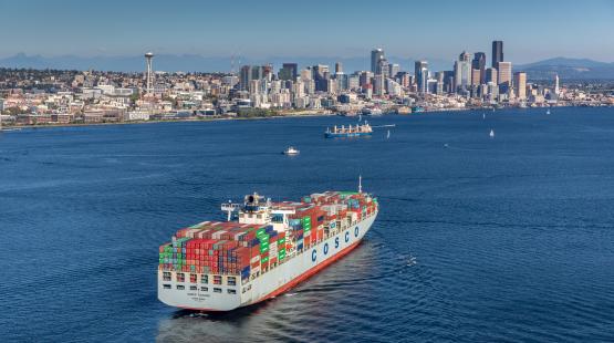 Cargo ship in Elliott Bay with the Seattle skyline in the background.
