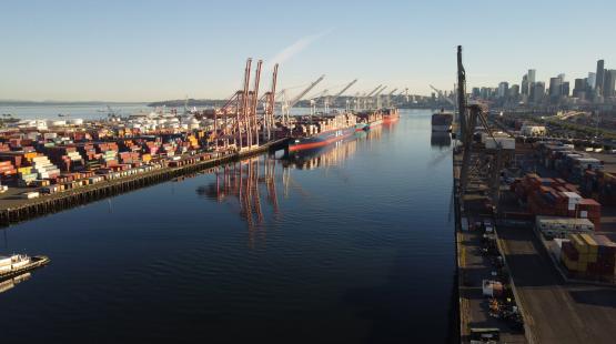 View of the East Waterway looking north. The image shows the channel with a container terminal on each side that has shipping containers, cranes, and container ships docked.