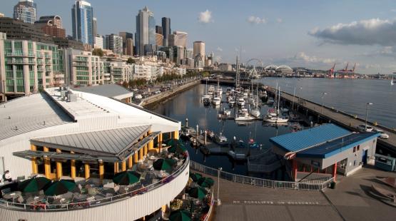 Bell Harbor Marina with sailboats and Mt. Rainier in the background