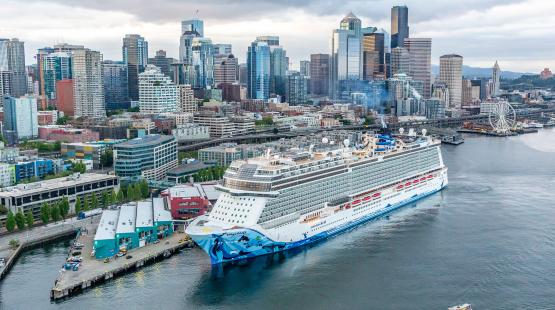 Norwegian Bliss cruise ship docked at Bell Street Cruise Terminal.