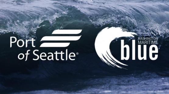 Logos for Port of Seattle and Washington Maritime Blue displayed over a background of dark ocean waves.