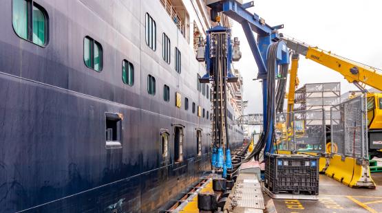 Giant electrical plug for a cruise ship's shore power.