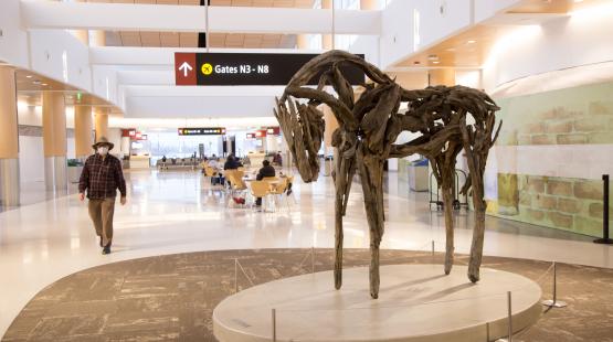 A cast bronze horse sculpture constructed from interlocking branches displayed on a circular platform. 