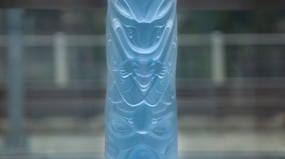 Lead Crystal that looks like a totem with the Killer Whale with an Eagle on the top representing my family symbols. Emerging from the mouth of the Killer Whale is a Thunderbird, which was the clan that Svenson was adopted into. The bottom form is a double headed wolf, as a kind of soul catcher and morphing  into a three-dimensional wolf at the center.  