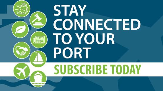 A promotional graphic with a dark teal background featuring the text “Stay Connected to Your Port” in large white letters and “Subscribe Today” in large green letters across a white horizontal band. On the left side, a vertical row of circular green icons shows simplified white illustrations: a stopwatch, a gavel, a leaf, a newspaper, a handshake, a sailboat, an airplane, and a cargo ship. The background includes subtle silhouettes of maritime and aviation shapes.