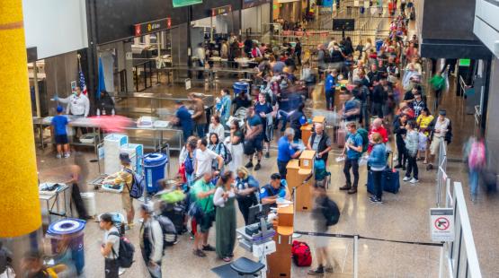 People at SEA Airport, traveling through TSA security checkpoints