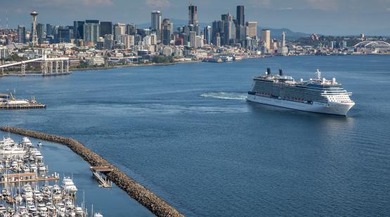 A cruise ship moves through the water with the Seattle skyline and a marina in the foreground.