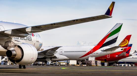 Parked commercial airplanes on an airport tarmac with visible wings and tail designs.
