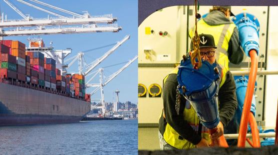 Split image showing a cargo ship loaded with colorful shipping containers beside large port cranes on the left, and a worker in a high‑visibility vest handling a large blue industrial connector inside a facility on the right.