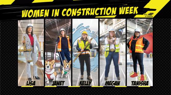 A “Women in Construction Week” graphic from the Port of Seattle shows five people in construction settings with comic-style illustrations overlaid. Each portrait includes themed drawings, such as scales, cartoon dogs, water waves, tools, or a cape, with the names Lisa, Janet, Kelly, Megan, and Tanisha beneath each image.