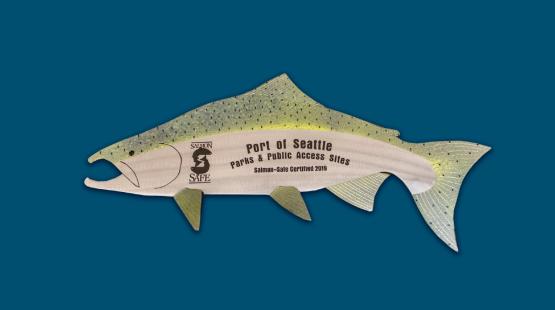 Salmon-Safe plaque, a fish that states Port of Seattle certification in 2019.