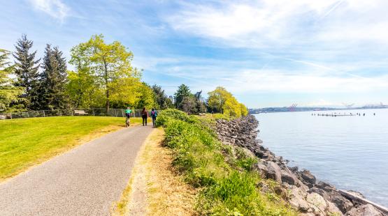 Pathway at Centennial Park beside rocky shoreline and calm water, with people walking and cycling and trees along the edge.