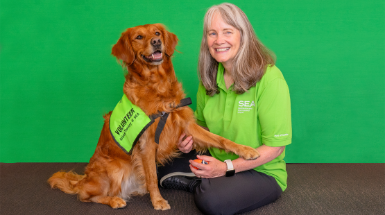 A person in a green SEA Airport shirt sits beside a golden dog wearing a “Volunteer Animal Therapy @ SEA” vest.